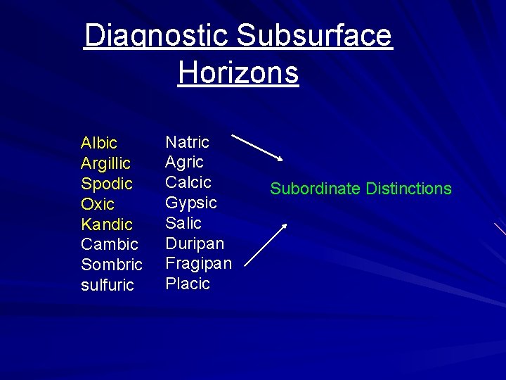 Diagnostic Subsurface Horizons Albic Argillic Spodic Oxic Kandic Cambic Sombric sulfuric Natric Agric Calcic