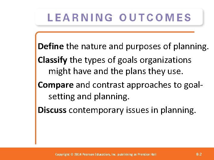 Define the nature and purposes of planning. Classify the types of goals organizations might