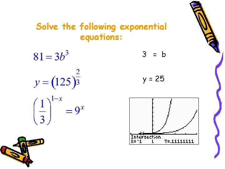 Solve the following exponential equations: 3 = b y = 25 