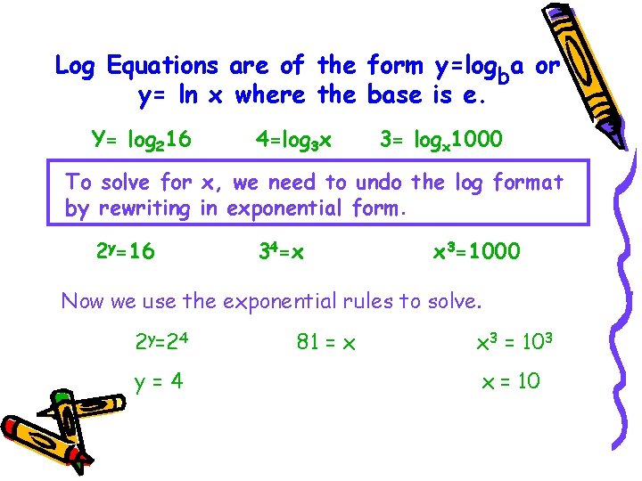 Log Equations are of the form y=logba or y= ln x where the base