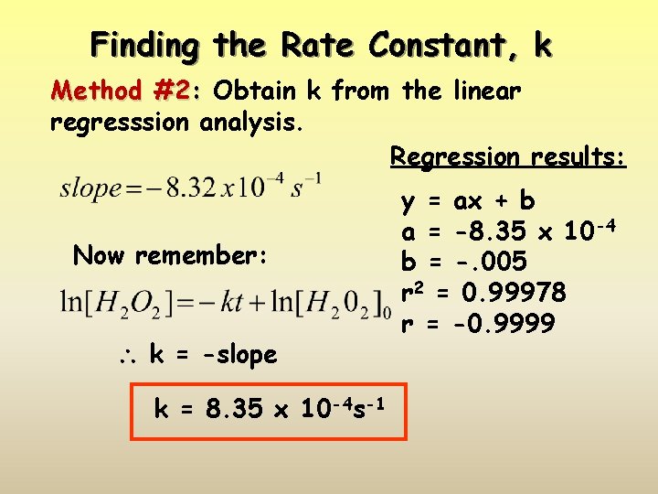 Finding the Rate Constant, k Method #2: Obtain k from the linear regresssion analysis.