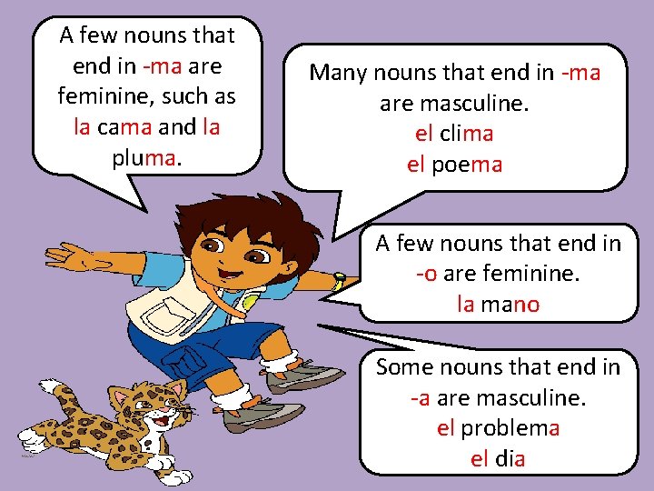 A few nouns that end in -ma are feminine, such as la cama and
