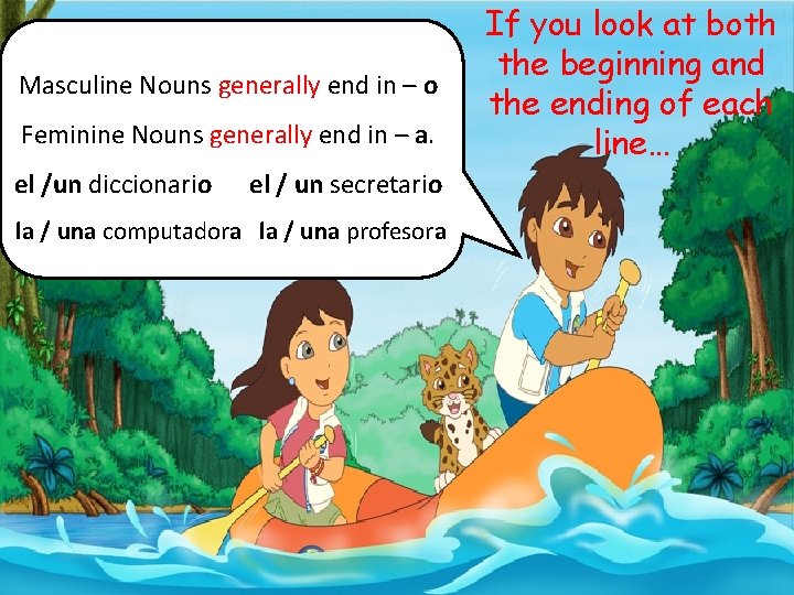 Masculine Nouns generally end in – o Feminine Nouns generally end in – a.