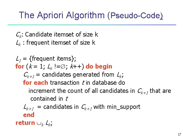 The Apriori Algorithm (Pseudo-Code) Ck: Candidate itemset of size k Lk : frequent itemset The Apriori Algorithm (Pseudo-Code) Ck: Candidate itemset of size k Lk : frequent itemset