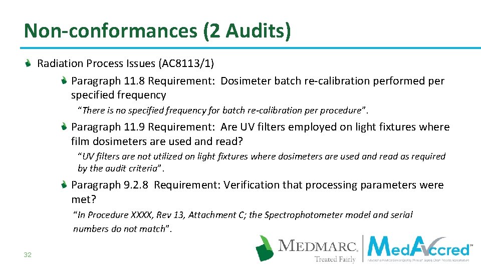 Non-conformances (2 Audits) Radiation Process Issues (AC 8113/1) Paragraph 11. 8 Requirement: Dosimeter batch