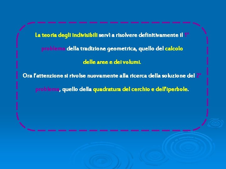 La teoria degli indivisibili servì a risolvere definitivamente il 1° problema della tradizione geometrica,