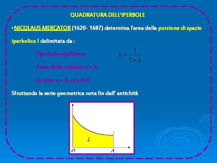 QUADRATURA DELL’IPERBOLE • NICOLAUS MERCATOR (1620 - 1687) determina l'area della porzione di spazio