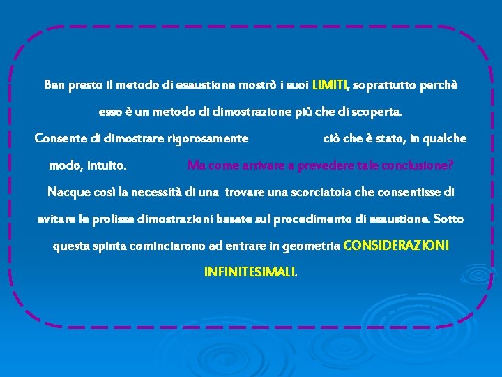 Ben presto il metodo di esaustione mostrò i suoi LIMITI, soprattutto perchè esso è