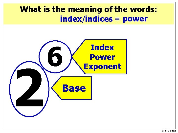 What is the meaning of the words: index/indices? = power 2 6 Index Power