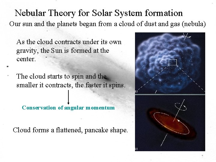 Nebular Theory for Solar System formation Our sun and the planets began from a