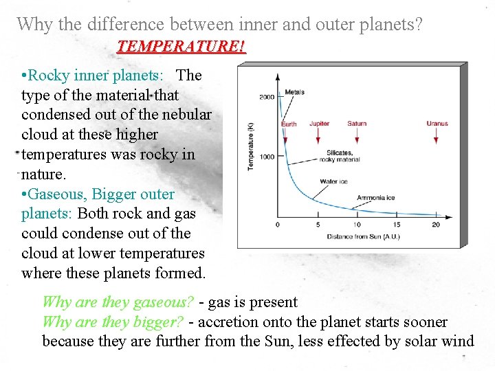 Why the difference between inner and outer planets? TEMPERATURE! • Rocky inner planets: The