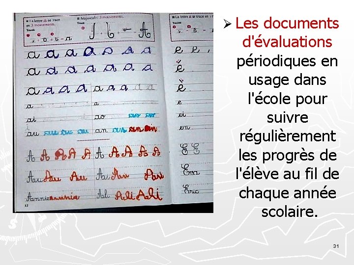 Ø Les documents d'évaluations périodiques en usage dans l'école pour suivre régulièrement les progrès