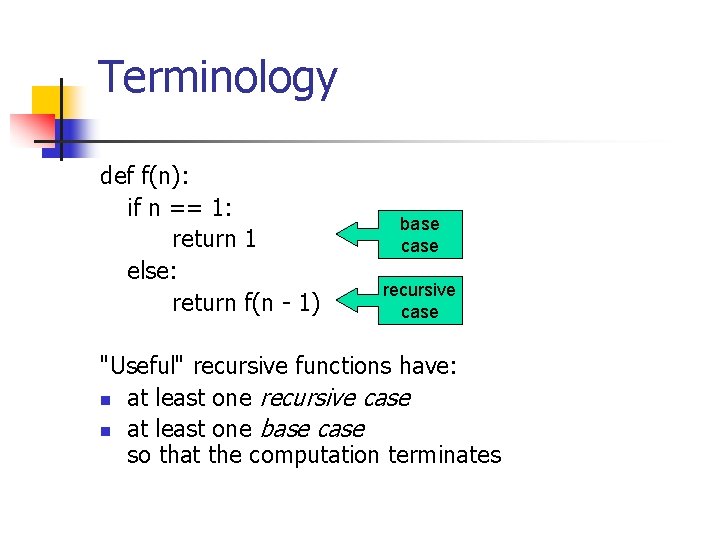 Terminology def f(n): if n == 1: return 1 else: return f(n - 1)