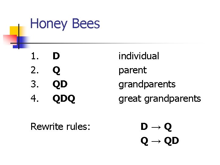 Honey Bees 1. 2. 3. 4. D Q QD QDQ Rewrite rules: individual parent