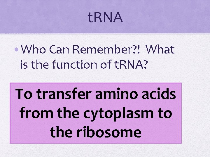 t. RNA • Who Can Remember? ! What is the function of t. RNA? t. RNA • Who Can Remember? ! What is the function of t. RNA?