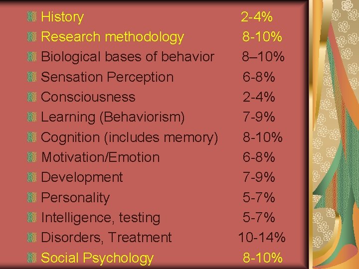 History 2 -4% Research methodology 8 -10% Biological bases of behavior 8– 10% Sensation