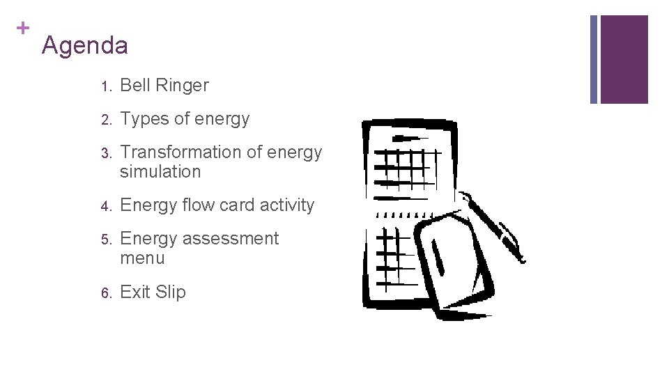 + Agenda 1. Bell Ringer 2. Types of energy 3. Transformation of energy simulation