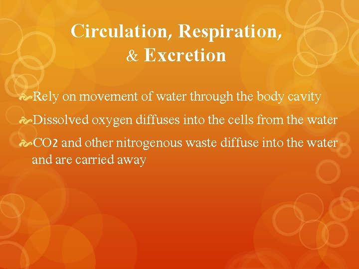 Circulation, Respiration, & Excretion Rely on movement of water through the body cavity Dissolved