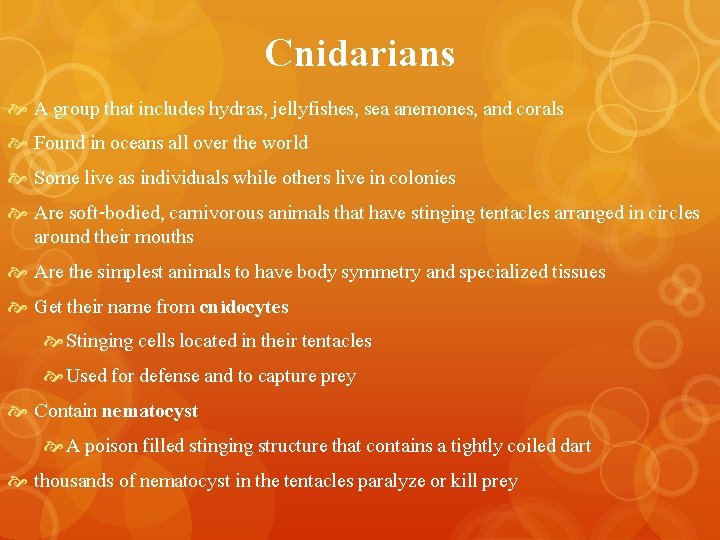 Cnidarians A group that includes hydras, jellyfishes, sea anemones, and corals Found in oceans