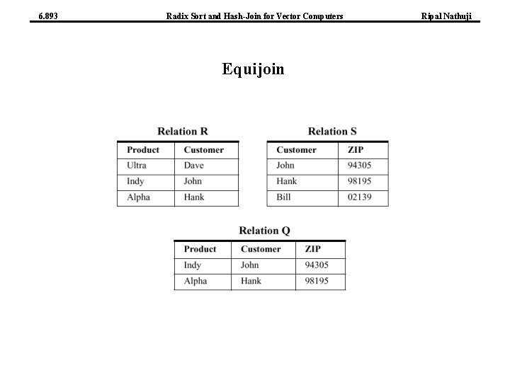 6. 893 Radix Sort and Hash-Join for Vector Computers Equijoin Ripal Nathuji 