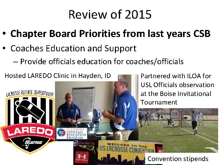 Review of 2015 • Chapter Board Priorities from last years CSB • Coaches Education