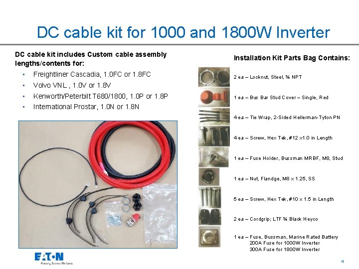 DC cable kit for 1000 and 1800 W Inverter DC cable kit includes Custom