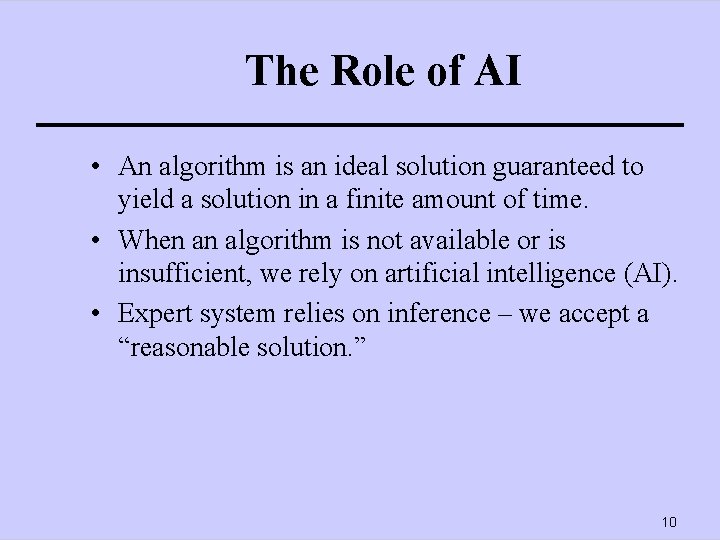 The Role of AI • An algorithm is an ideal solution guaranteed to yield