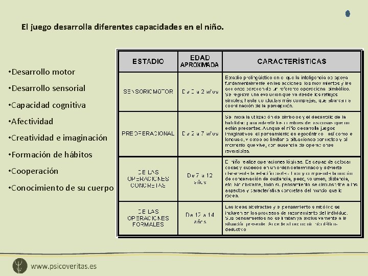  El juego desarrolla diferentes capacidades en el niño. • Desarrollo motor • Desarrollo