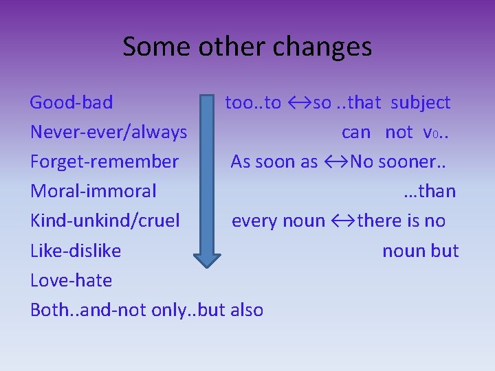 Some other changes Good-bad too. . to ↔so. . that subject Never-ever/always can not