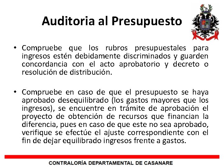 Auditoria al Presupuesto • Compruebe que los rubros presupuestales para ingresos estén debidamente discriminados