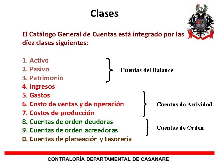 Clases El Catálogo General de Cuentas está integrado por las diez clases siguientes: 1.