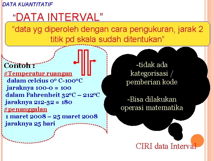 DATA KUANTITATIF “DATA INTERVAL” “data yg diperoleh dengan cara pengukuran, jarak 2 titik pd