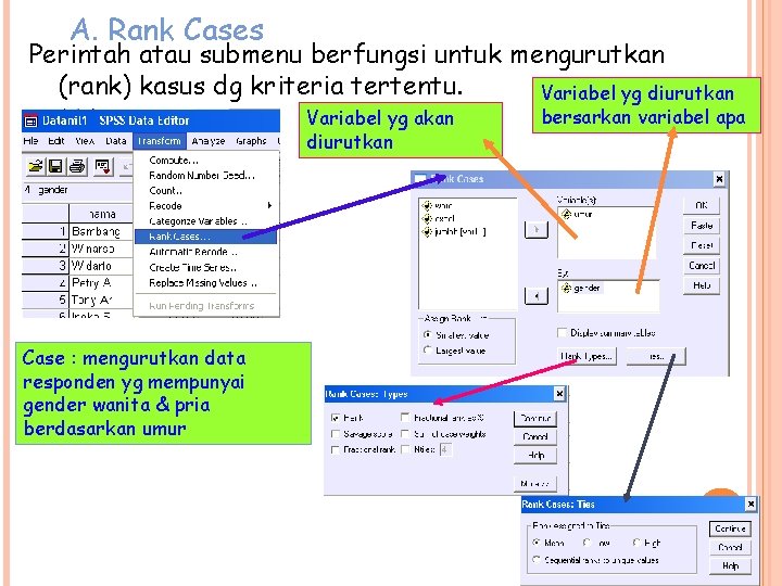 A. Rank Cases Perintah atau submenu berfungsi untuk mengurutkan (rank) kasus dg kriteria tertentu. A. Rank Cases Perintah atau submenu berfungsi untuk mengurutkan (rank) kasus dg kriteria tertentu.