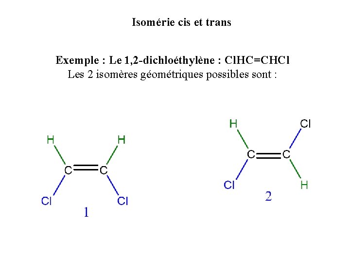 Isomérie cis et trans Exemple : Le 1, 2 -dichloéthylène : Cl. HC=CHCl Les Isomérie cis et trans Exemple : Le 1, 2 -dichloéthylène : Cl. HC=CHCl Les