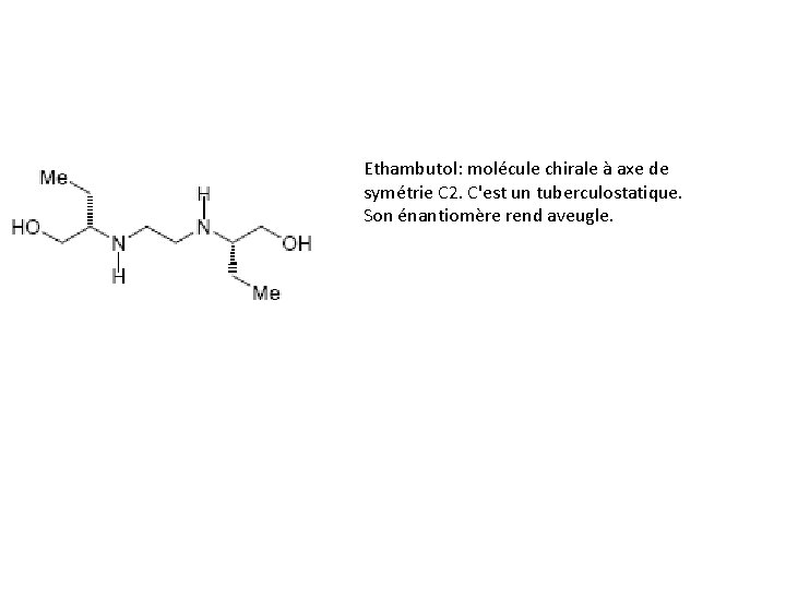 Ethambutol: molécule chirale à axe de symétrie C 2. C'est un tuberculostatique. Son énantiomère Ethambutol: molécule chirale à axe de symétrie C 2. C'est un tuberculostatique. Son énantiomère