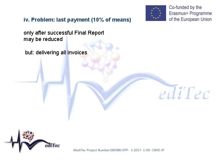 iv. Problem: last payment (10% of means) only after successful Final Report may be