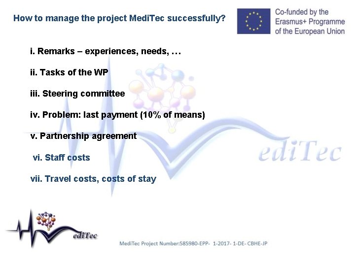 How to manage the project Medi. Tec successfully? i. Remarks – experiences, needs, …