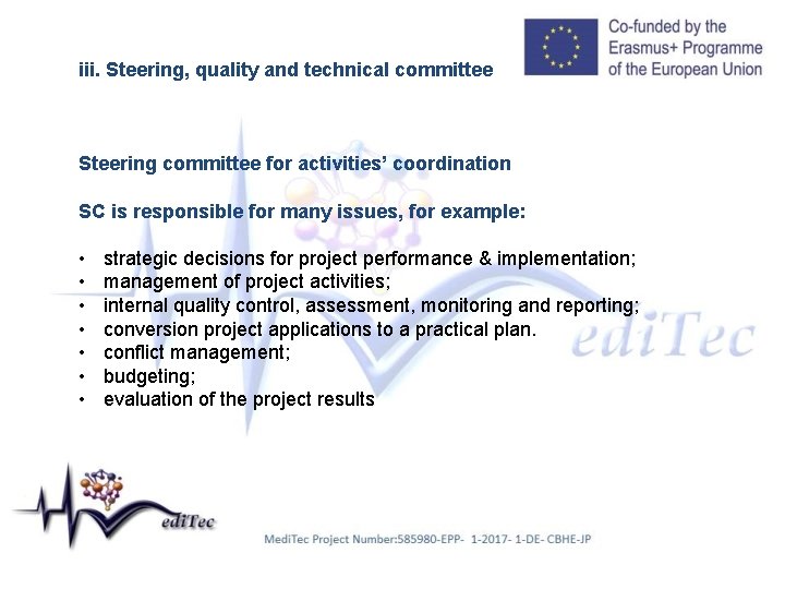 iii. Steering, quality and technical committee Steering committee for activities’ coordination SC is responsible