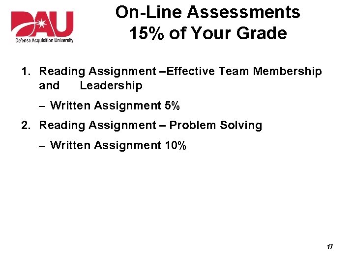 On-Line Assessments 15% of Your Grade 1. Reading Assignment –Effective Team Membership and Leadership