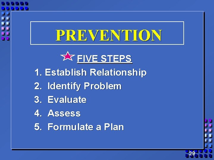 PREVENTION FIVE STEPS 1. Establish Relationship 2. Identify Problem 3. Evaluate 4. Assess 5.