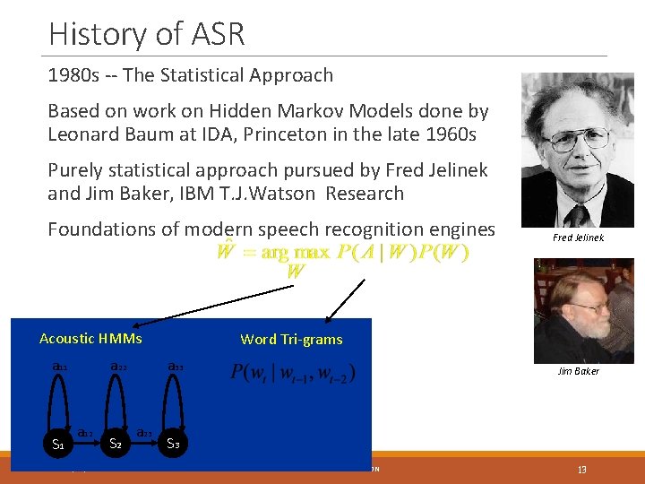 History of ASR 1980 s -- The Statistical Approach Based on work on Hidden