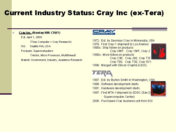 Current Industry Status: Cray Inc (ex-Tera) n Cray Inc. (Nasdaq NM: CRAY) Est. :