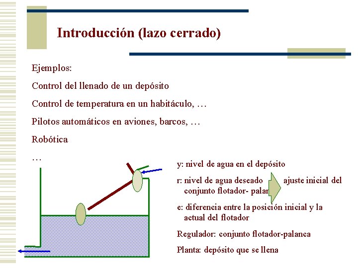 Introducción (lazo cerrado) Ejemplos: Control del llenado de un depósito Control de temperatura en