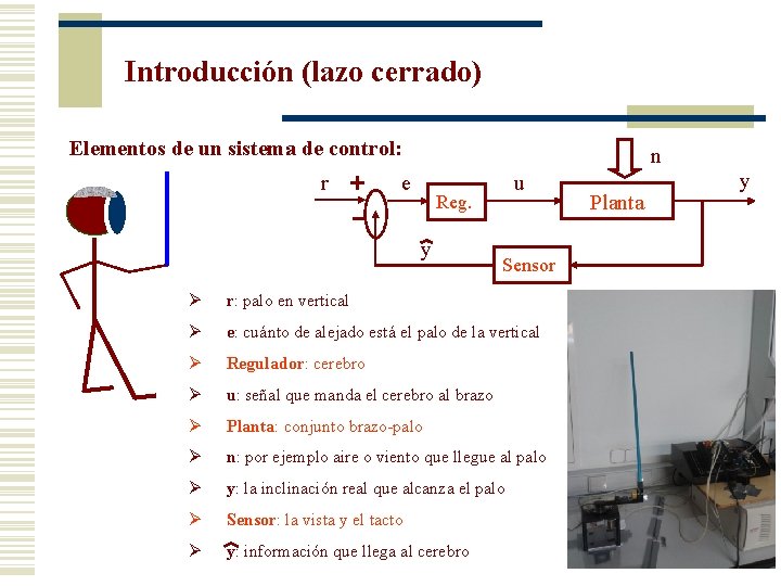 Introducción (lazo cerrado) Elementos de un sistema de control: r n e u Reg.