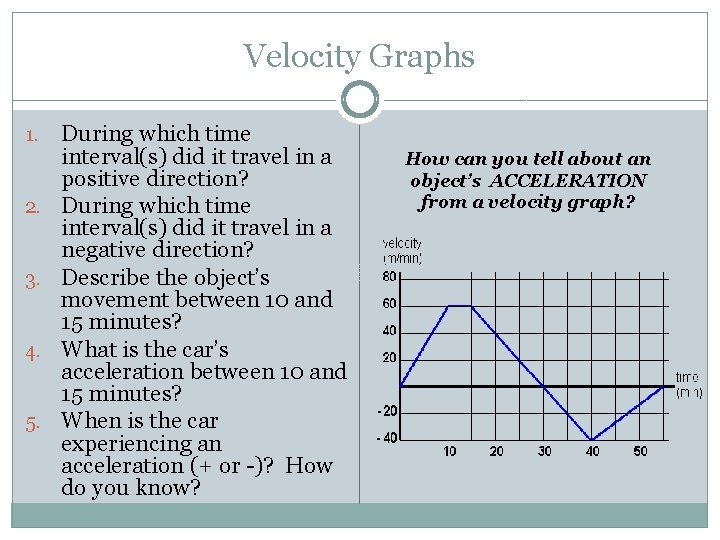 Velocity Graphs 1. 2. 3. 4. 5. During which time interval(s) did it travel