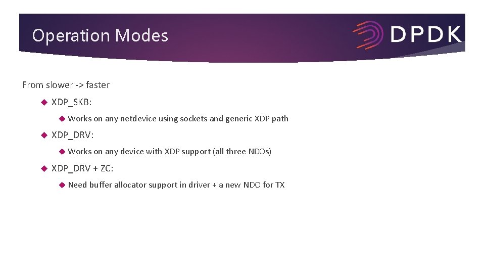 Operation Modes From slower -> faster XDP_SKB: Works on any netdevice using sockets and