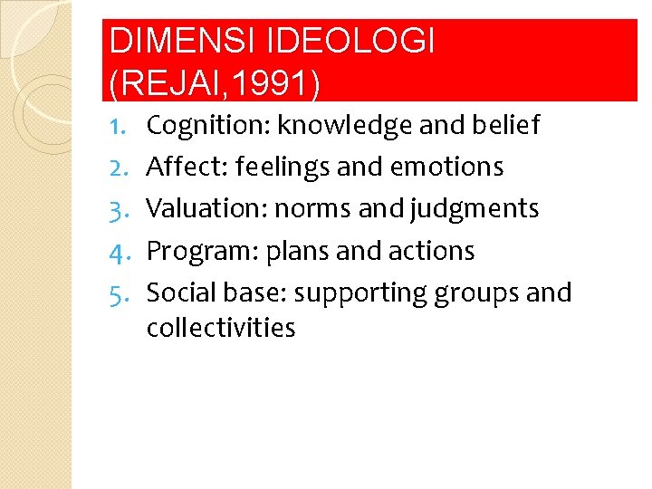 DIMENSI IDEOLOGI (REJAI, 1991) 1. 2. 3. 4. 5. Cognition: knowledge and belief Affect: