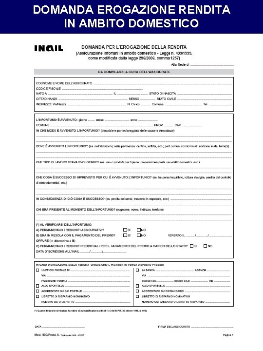 DOMANDA EROGAZIONE RENDITA IN AMBITO DOMESTICO DOMANDA EROGAZIONE RENDITA IN AMBITO DOMESTICO