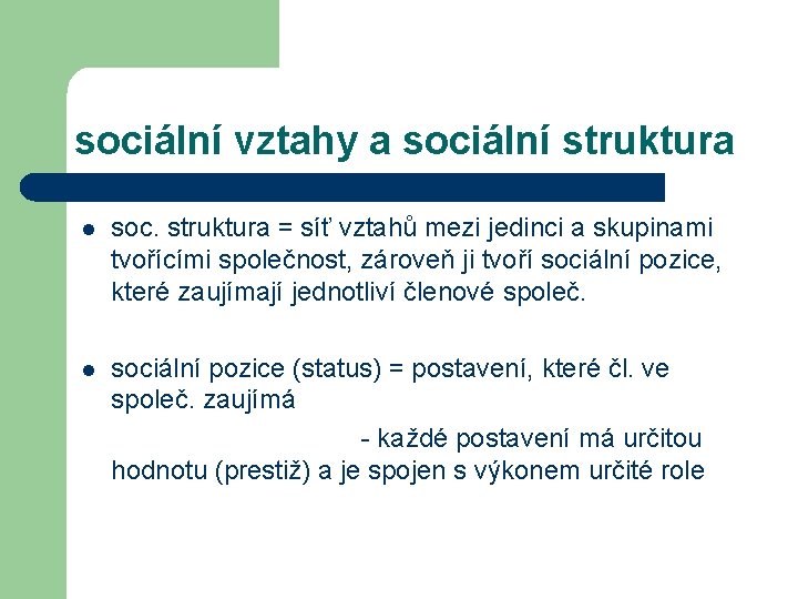 sociální vztahy a sociální struktura l soc. struktura = síť vztahů mezi jedinci a