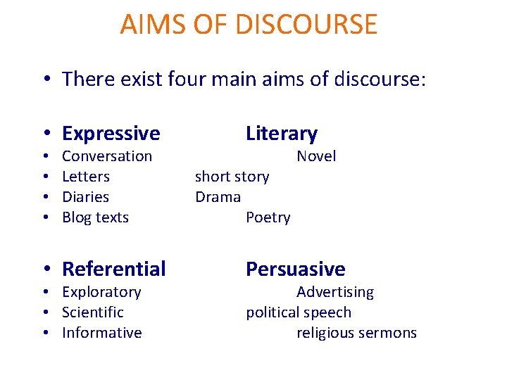 AIMS OF DISCOURSE • There exist four main aims of discourse: • Expressive •